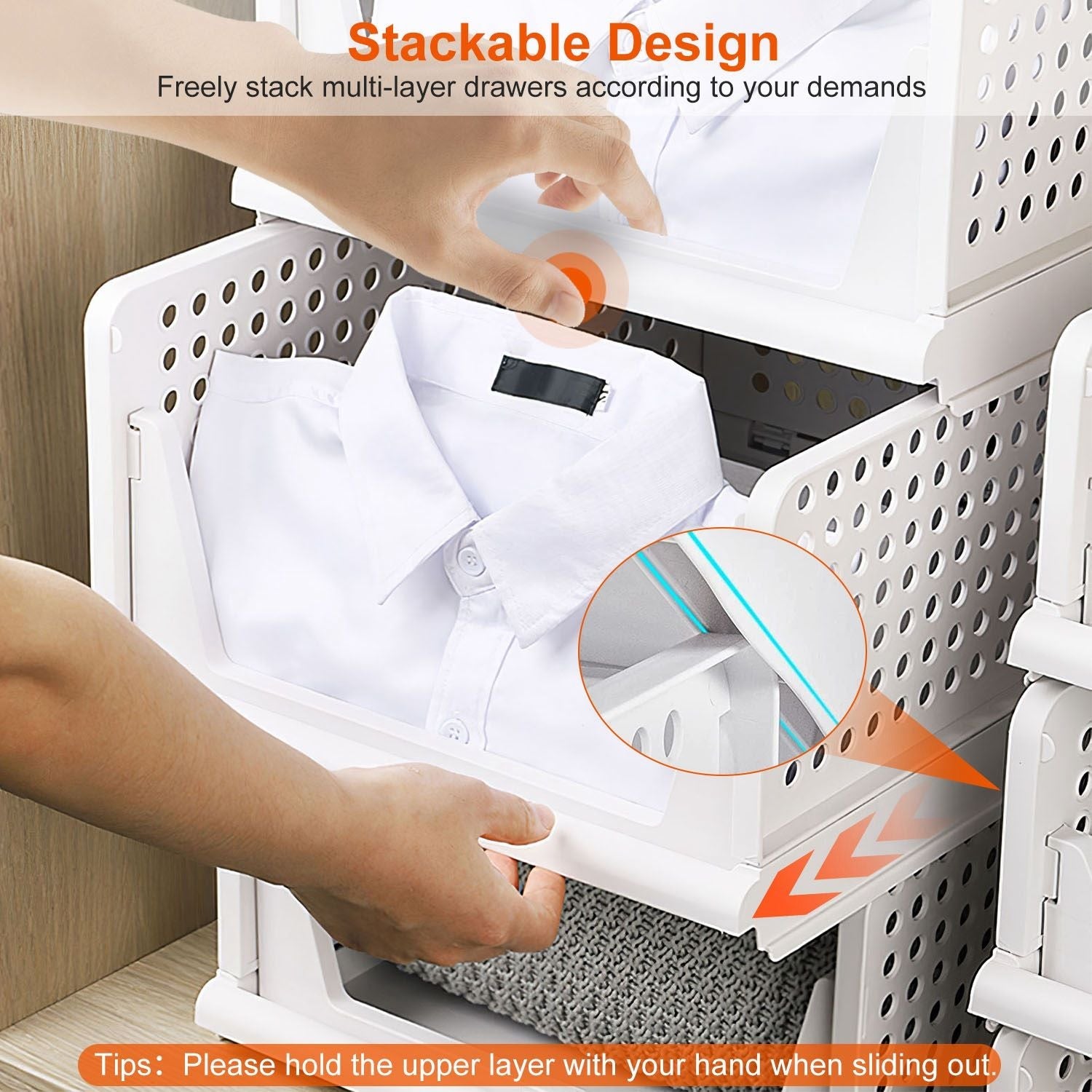 4 Packs Plastic Storage Box Closet Organizer Foldable Storage Bin Stackable Drawer with Slide Rail Push-Pull Storage Basket for Living Room Bedroom Wardrobe White EasyOptionXY LLC