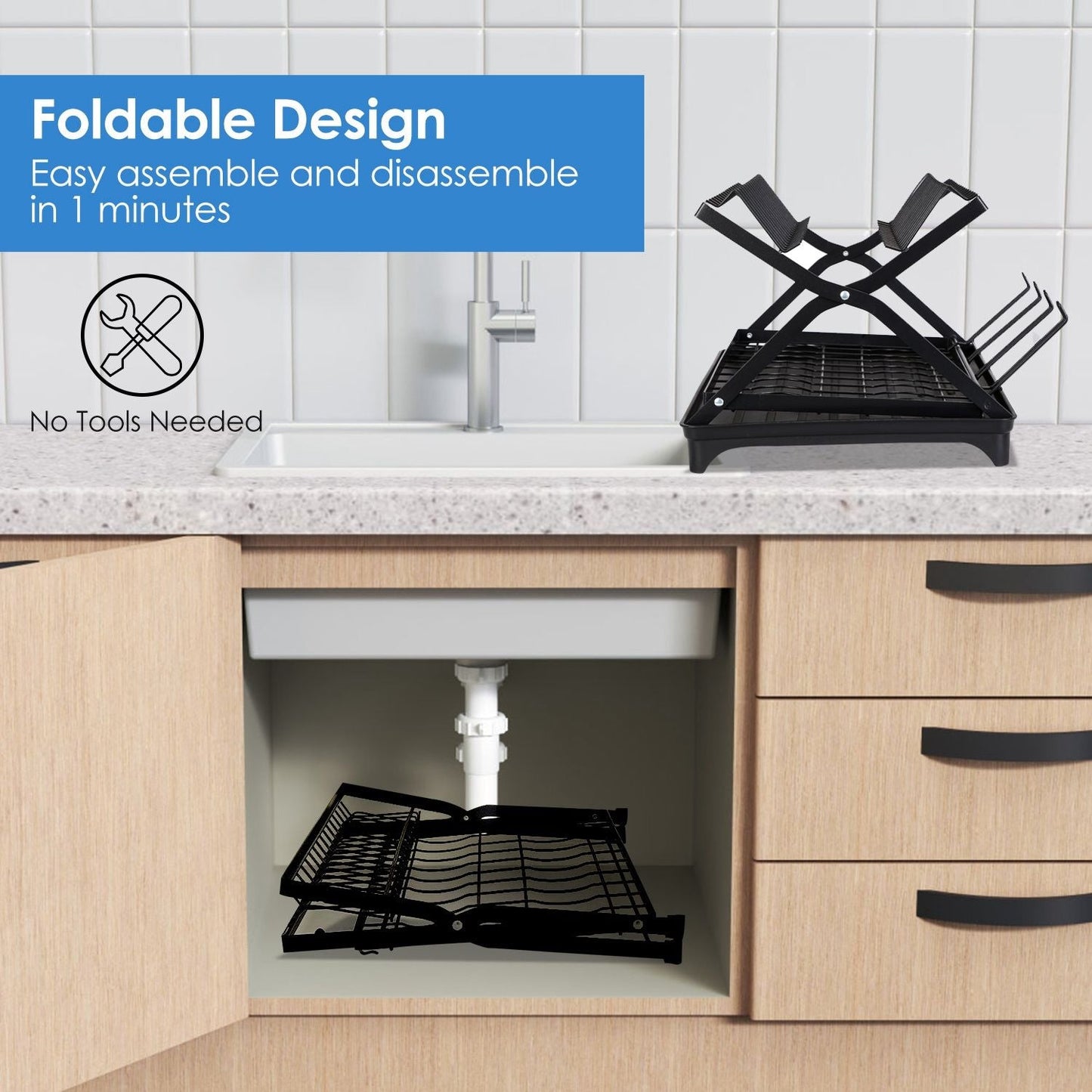 2 Tier Dish Drying Rack with Cup Holder Foldable Dish Drainer Shelf for Kitchen Countertop Rustproof Utensil Holder with Drainboard Black EasyOptionXY LLC