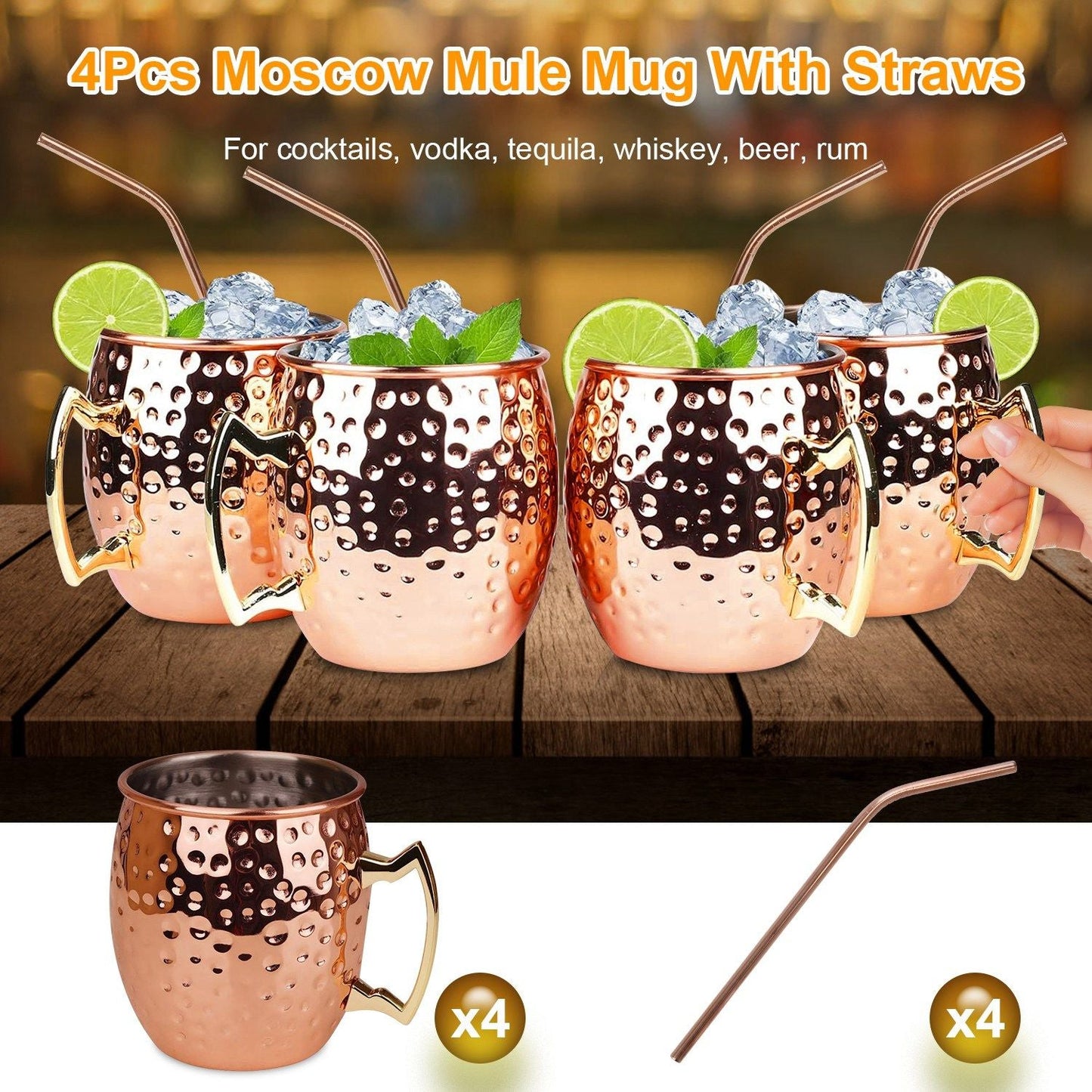 4Pcs Moscow Mule Mugs 18OZ Copper Plating Cocktail Cup Set With Straws Stainless Steel Lining Hammered Cups For Wine Beer Cocktail Cold Drinks EasyOptionXY LLC