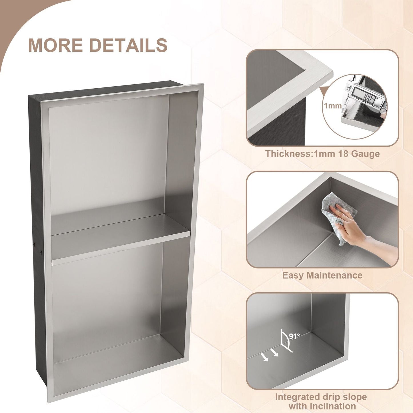 Brushed Stainless Steel Wall Shower  Niche , Double Recessed Shower Shelf for Bathroom EasyOptionXY LLC