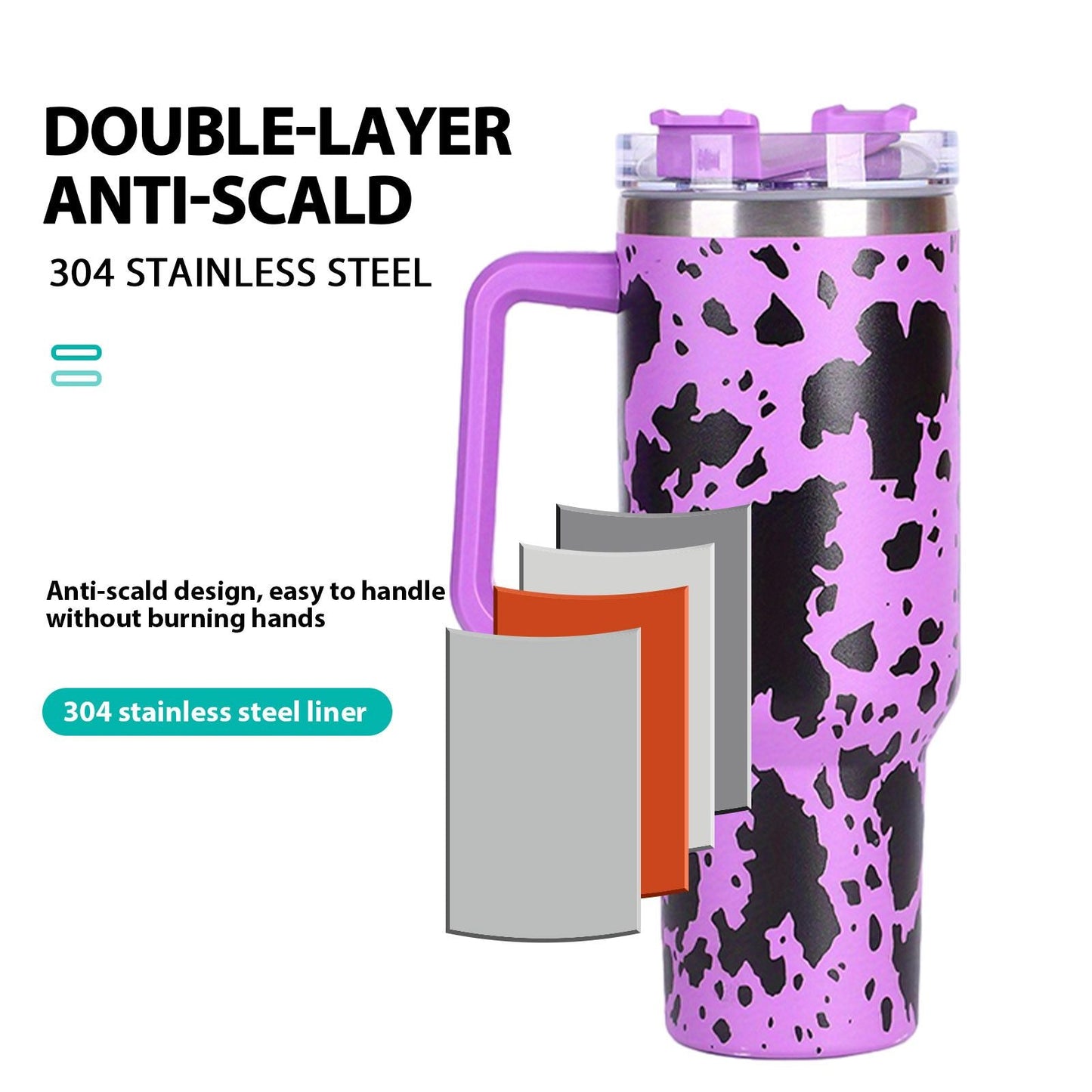 40oz 5D cowprint Insulated Tumbler With Handle And Straw Lid Portable Large Capacity water bottle, Heat preservation,304 Stainless Steel Cup For Outdoor Sports, Travel & Camping Birthday Gift EasyOptionXY LLC