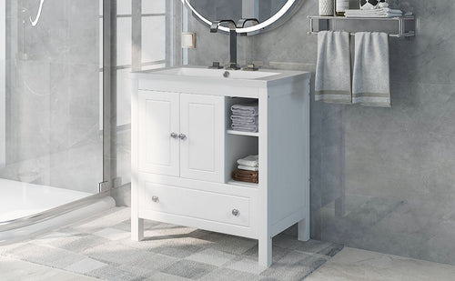 30" Bathroom Vanity with Sink, Bathroom Storage Cabinet with Doors and Drawers, Solid Wood Frame, Ceramic Sink EasyOptionXY LLC