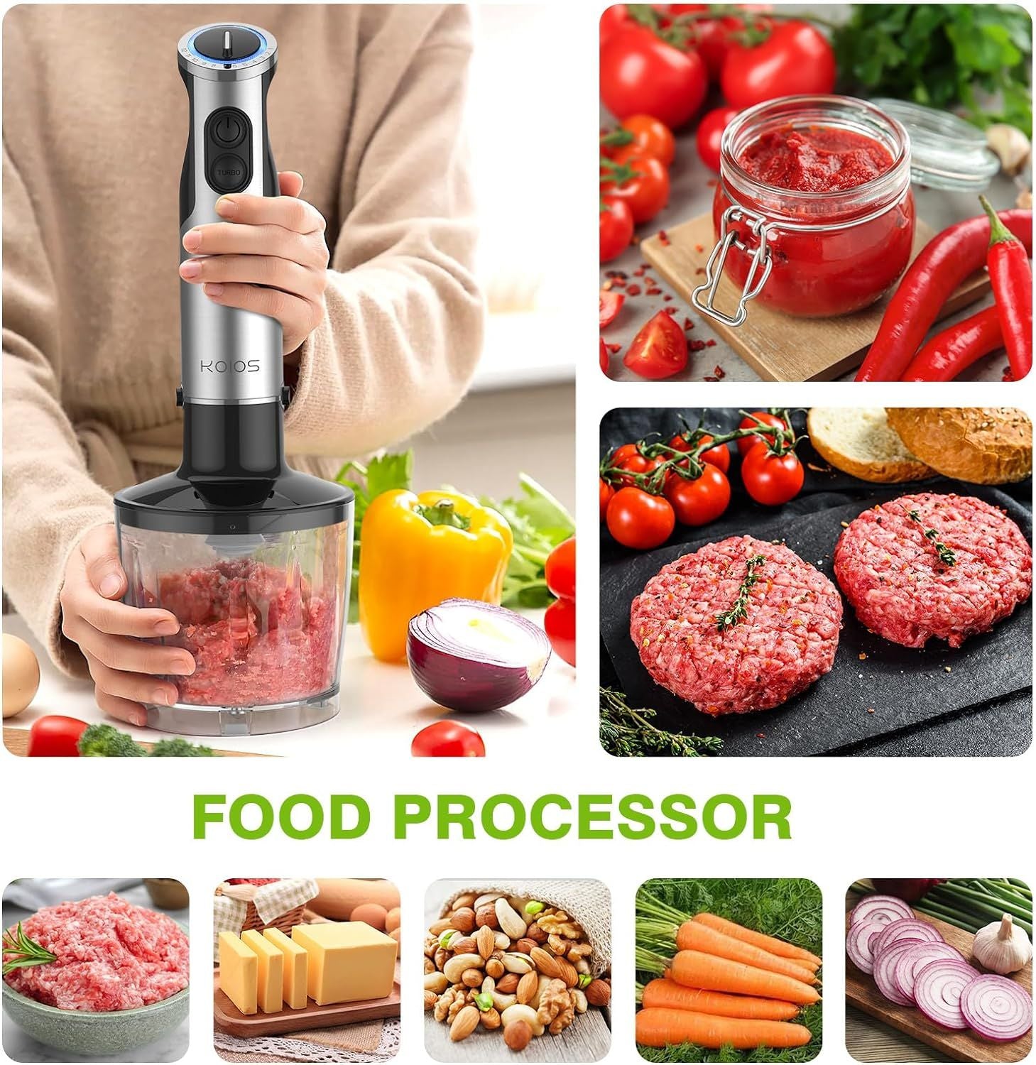 KOIOS Immersion Hand Blender, 5-in-1 Hand Blender with Entire Stainless Steel Blender Shaft, Full Copper Motor, Built in 12 Speed Turbo Stick Blender, Handheld blender for Baby food, Smoothies, Soups EasyOptionXY LLC