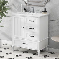 30" Bathroom Vanity with Sink, Bathroom Cabinet with A Door, Three Drawers, Solid Wood Legs & MDF Board, Adiustable Foot Pads, White EasyOptionXY LLC