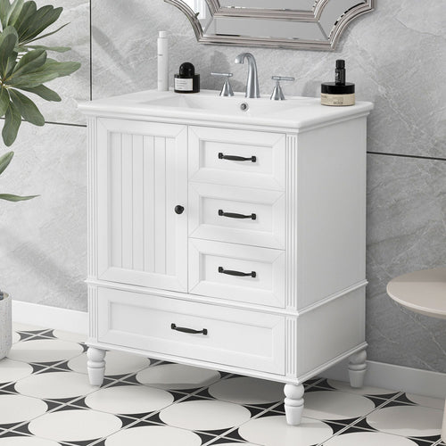 30" Bathroom Vanity with Sink, Bathroom Cabinet with A Door, Three Drawers, Solid Wood Legs & MDF Board, Adiustable Foot Pads, White EasyOptionXY LLC
