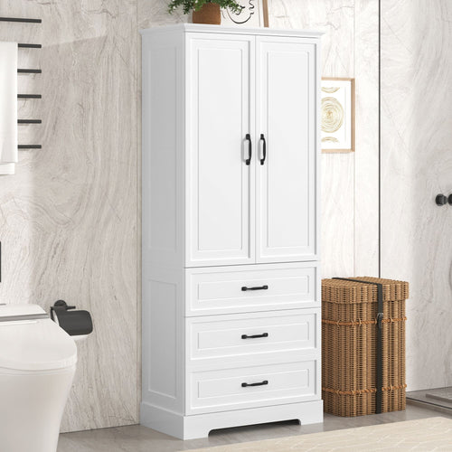 Tall Bathroom Storage Cabinet,Cabinet with Two Doors and Drawers,Adjustable Shelf,MDF Board,White EasyOptionXY LLC