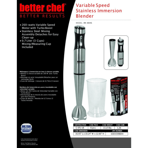 Better Chef 260W Variable Speed Stainless Steel Immersion Blender with Cup EasyOptionXY LLC