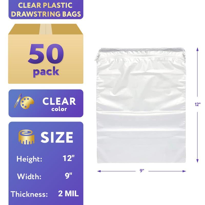 Clear Drawstring Bag, 9 x 12 Inches. Pack of 50 Clear Plastic Drawstring Bags. 2 Mil Drawstring Clear Plastic Bags. Waterproof Clear Plastic Bags Drawstring for Cosmetics, Toiletries EasyOptionXY LLC