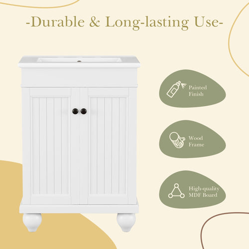 24" Modern Sleek Bathroom Vanity Elegant Ceramic Sink with Solid Wood Frame, Adjustable Shelf EasyOptionXY LLC