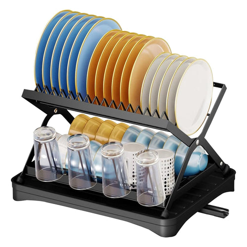 2 Tier Dish Drying Rack with Cup Holder Foldable Dish Drainer Shelf for Kitchen Countertop Rustproof Utensil Holder with Drainboard Black EasyOptionXY LLC