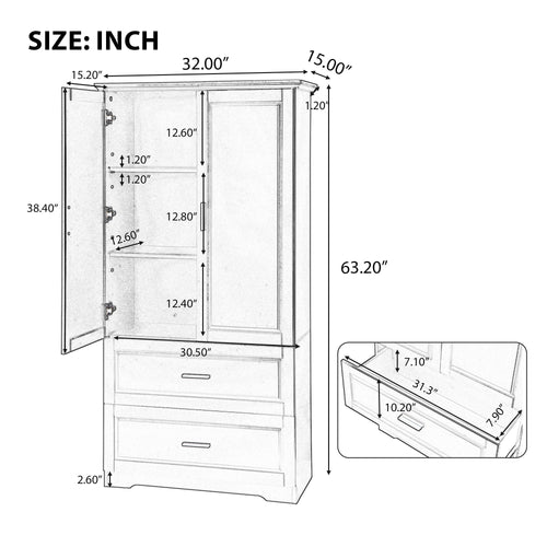 Tall Bathroom Storage Cabinet, Cabinet with Two Doors and Drawers, Adjustable Shelf, MDF Board EasyOptionXY LLC