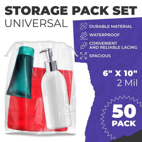Clear Drawstring Bag, 6 x 10 Inches. Pack of 50 Clear Plastic Drawstring Bags. 2 Mil Drawstring Clear Plastic Bags. Waterproof Clear Plastic Bags Drawstring for Cosmetics, Toiletries EasyOptionXY LLC