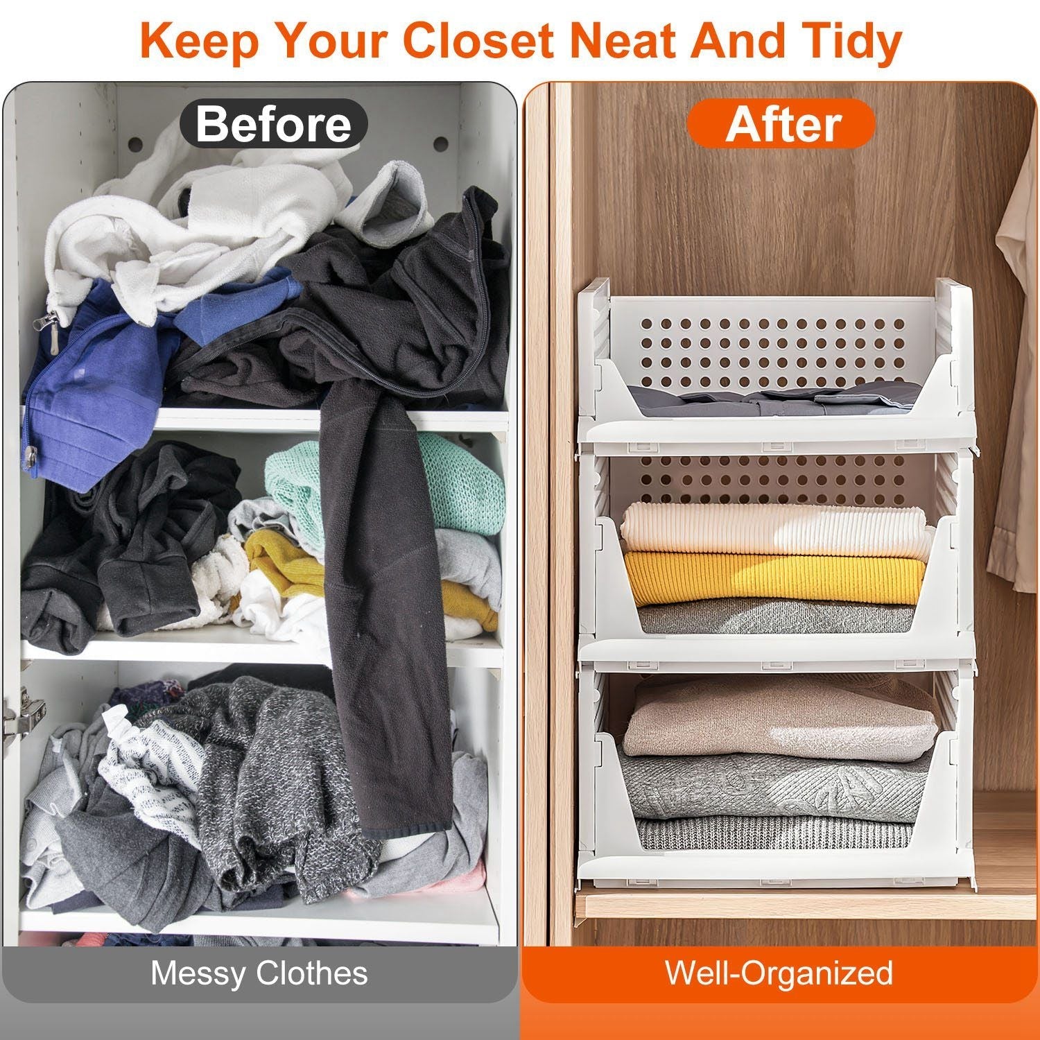 4 Packs Plastic Storage Box Closet Organizer Foldable Storage Bin Stackable Drawer with Slide Rail Push-Pull Storage Basket for Living Room Bedroom Wardrobe White EasyOptionXY LLC