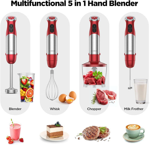 KOIOS 5-in-1 Hand Immersion Blender, 1000W 12 Speed Handheld Blender, Copper Motor Stainless Steel Blade Stick Blender,600ml Mixing Beaker,500ml Food Processor, Whisk, Milk Frother, B PA-F ree, Red EasyOptionXY LLC