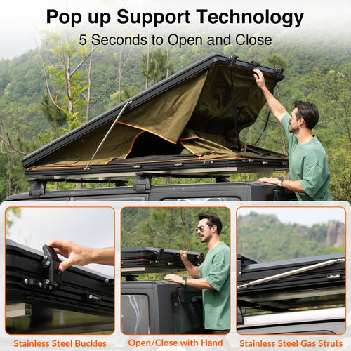 Roll over image to zoom in Adventurer Plus Rooftop Tent Hardshell with Side Awning, Air Conditioner Outlet with Bracket, &Replaceable Rain Flies, Truck Bed Tent for Camping, Pop Up Overland Roof Tents EasyOptionXY LLC