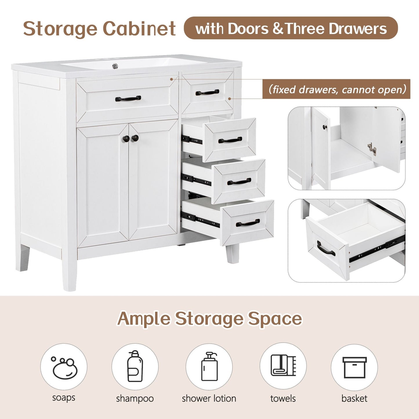 36\" Bathroom Vanity with Sink Combo, Black Bathroom Cabinet with Drawers, Solid Frame and MDF Board