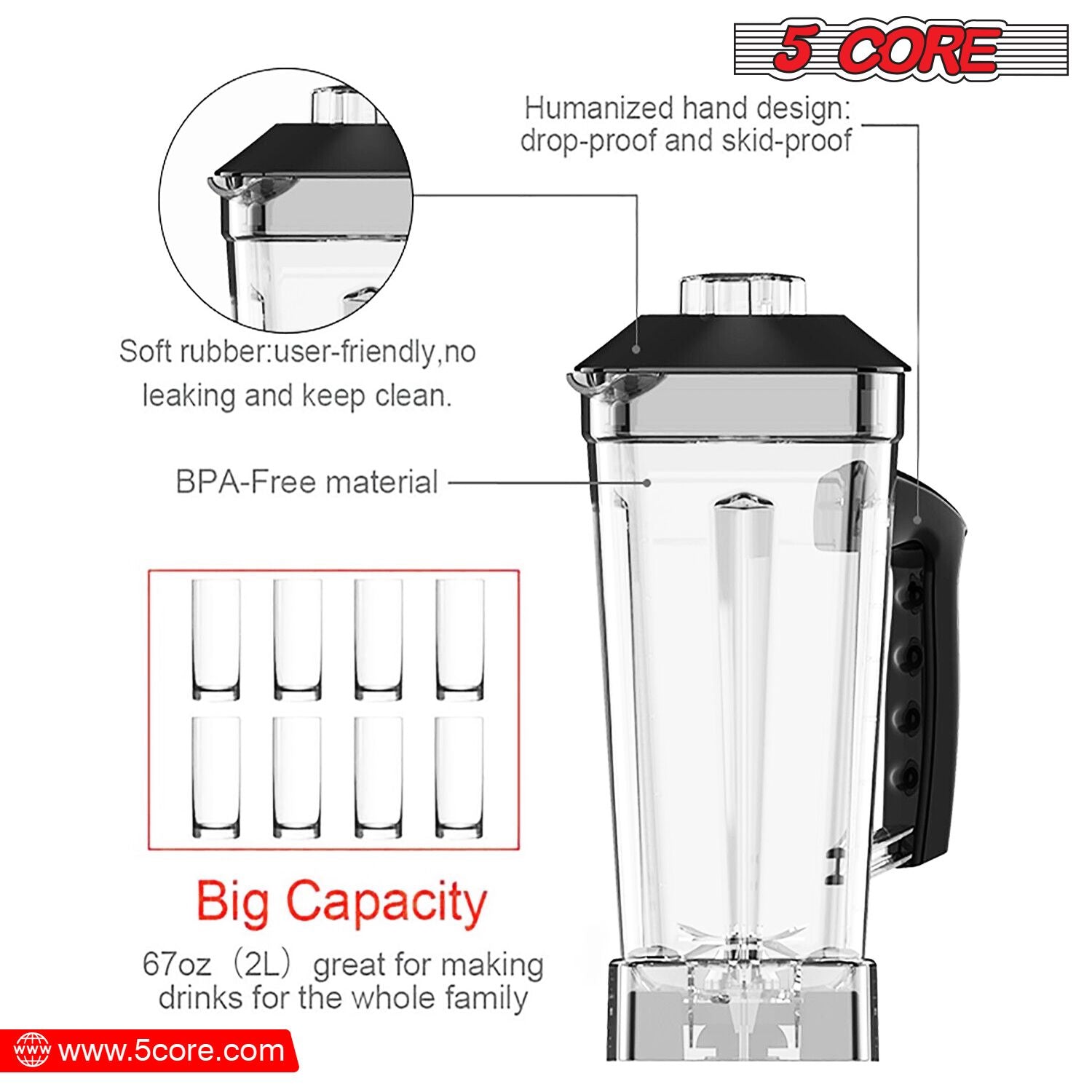 5 Core 2L Professional Countertop Blender For Kitchen 68 Oz 2000W High Speed BPA Free 6 Titanium Blade Smoothie Blender Electric For Soup Shake Juice Multi-Speed Manual JB 2000 M EasyOptionXY LLC