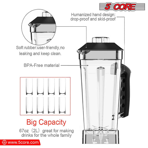 5 Core 2L Professional Countertop Blender For Kitchen 68 Oz 2000W High Speed BPA Free 6 Titanium Blade Smoothie Blender Electric For Soup Shake Juice Multi-Speed Manual JB 2000 M EasyOptionXY LLC