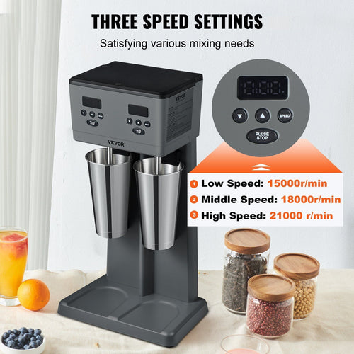 VEVOR Milkshake Maker, 375W x 2 Electric Milkshake Machine, Commercial Double Heads Drink Mixer Blender, LED Intelligent Microswitch, 3-Speed Milkshake Mixer with 2 x 820 ml Stainless Steel Cups EasyOptionXY LLC