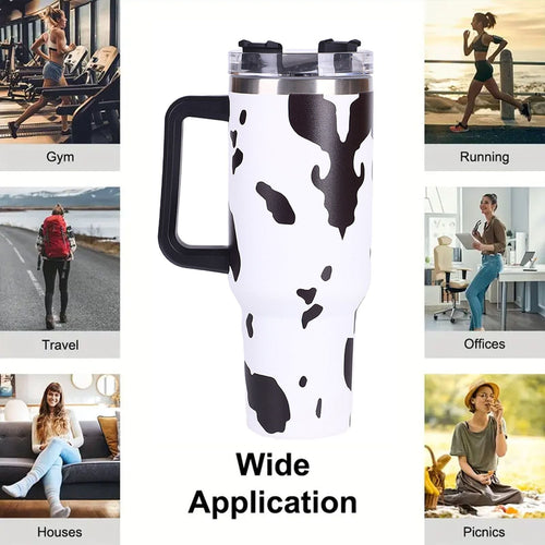 40oz 5D cowprint Insulated Tumbler With Handle And Straw Lid Portable Large Capacity water bottle, Heat preservation,304 Stainless Steel Cup For Outdoor Sports, Travel & Camping Birthday Gift EasyOptionXY LLC