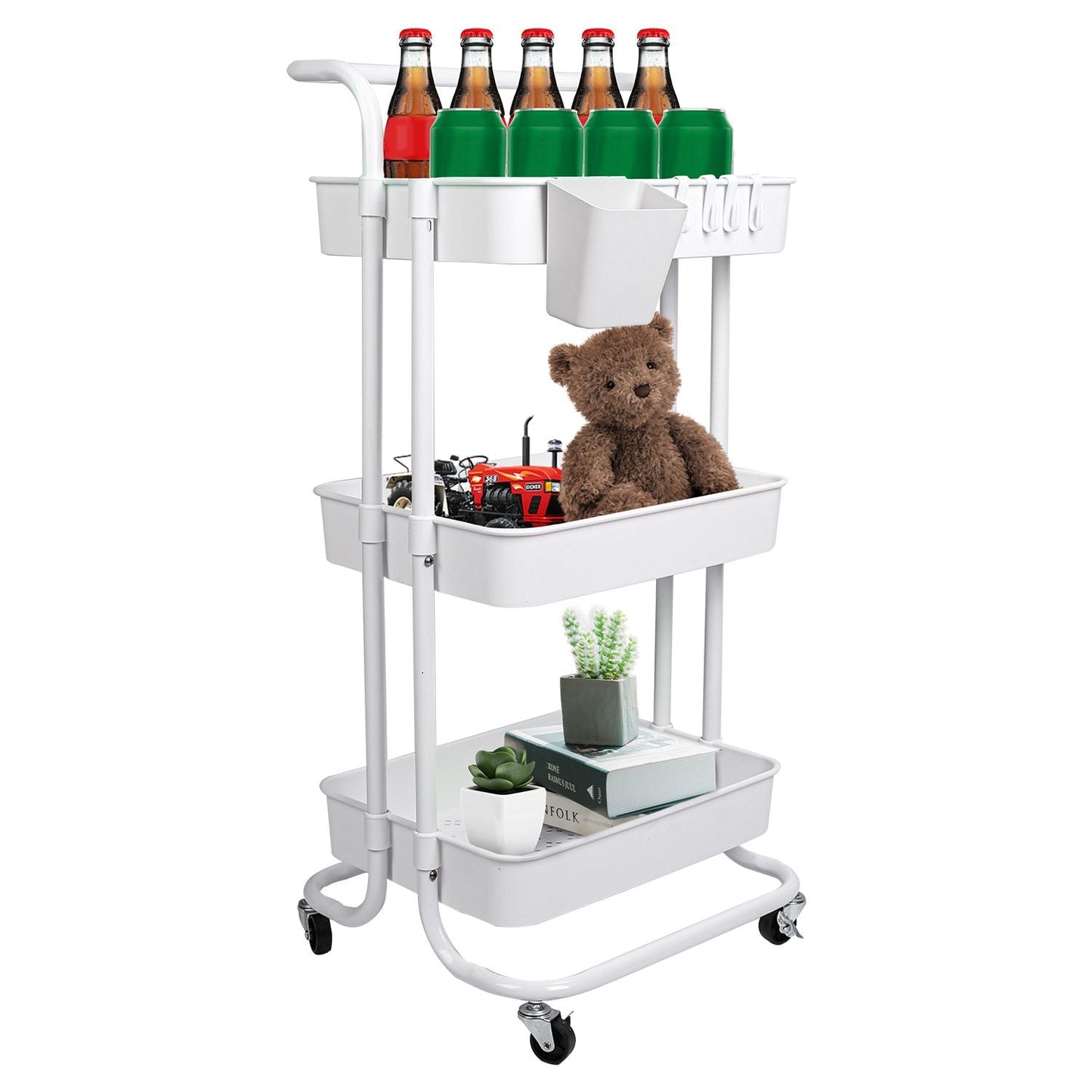 3 Tier Rolling Utility Cart Movable Storage Organizer with Mesh Baskets Lockable Wheels 360 Degree Rotatable Hanging Box Hooks Bedroom Bathroom Kitchen EasyOptionXY LLC