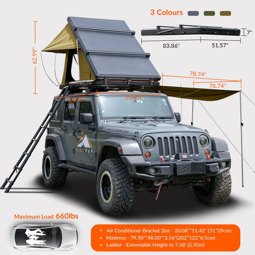 Roll over image to zoom in Adventurer Plus Rooftop Tent Hardshell with Side Awning, Air Conditioner Outlet with Bracket, &Replaceable Rain Flies, Truck Bed Tent for Camping, Pop Up Overland Roof Tents EasyOptionXY LLC