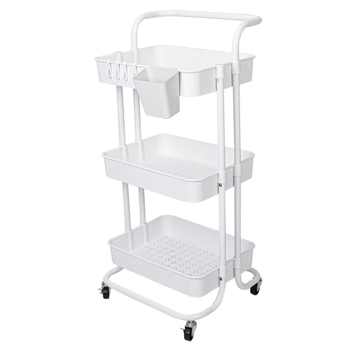 3 Tier Rolling Utility Cart Movable Storage Organizer with Mesh Baskets Lockable Wheels 360 Degree Rotatable Hanging Box Hooks Bedroom Bathroom Kitchen EasyOptionXY LLC
