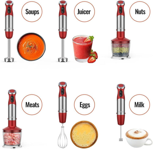 KOIOS 5-in-1 Hand Immersion Blender, 1000W 12 Speed Handheld Blender, Copper Motor Stainless Steel Blade Stick Blender,600ml Mixing Beaker,500ml Food Processor, Whisk, Milk Frother, B PA-F ree, Red EasyOptionXY LLC