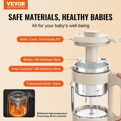VEVOR Baby Food Maker, 500W Baby Food Processor with 300 ml Glass Bowl, SUS304 Stainless Steel 4-Blade Baby Food Puree Blender Steamer Grinder for Food, Fruit, Vegetable, Meat EasyOptionXY LLC