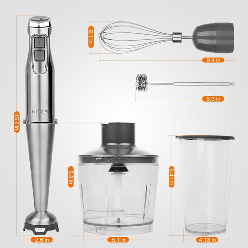 KOIOS 1100W Immersion Hand Blender, Stainless Steel Stick Blender with 12-Speed & Turbo Mode, 5-in-1 Handheld Blender with 600ml Mixing Beaker with Lid, 500ml Chopper, Whisk, Milk Frother, B PA-F ree EasyOptionXY LLC