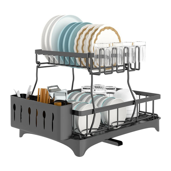 Dish Drying Rack with Drainboard Detachable 2-Tier Dish Rack Drainer Organizer Set with Utensil Holder Cup Rack Swivel Spout for Kitchen Counter EasyOptionXY LLC