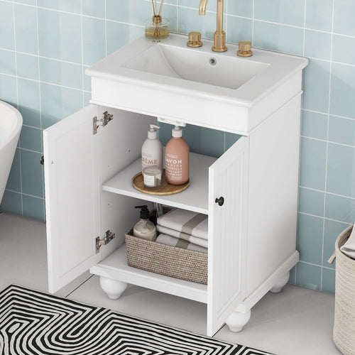 24" Modern Sleek Bathroom Vanity Elegant Ceramic Sink with Solid Wood Frame, Adjustable Shelf EasyOptionXY LLC