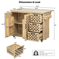 53.2"W 3D Woven Checkerboard Pattern Design Kitchen Island with Drop Leaf, Rolling Kitchen Island on Wheels with Internal Storage Rack, Power Outlet, Kitchen Cart with 3 Drawers 2 Cabinets, Nature EasyOptionXY LLC