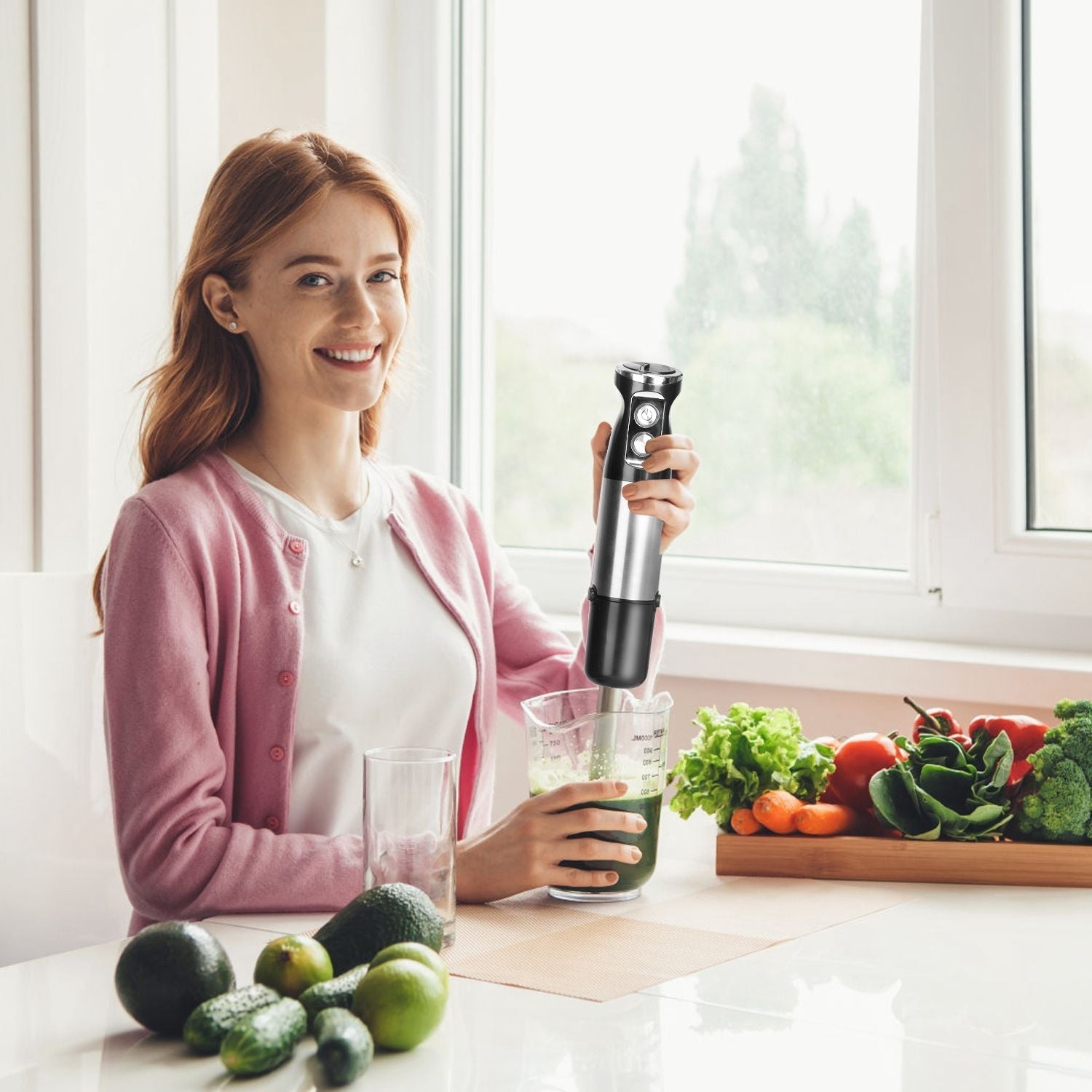 1000W 5 In 1 Immersion Hand Blender Stainless Steel Hand Mixer with 12 Speeds Turbo Mode Food Processor with 20Oz Beaker 17Oz Chopper Whisk Milk Frother EasyOptionXY LLC