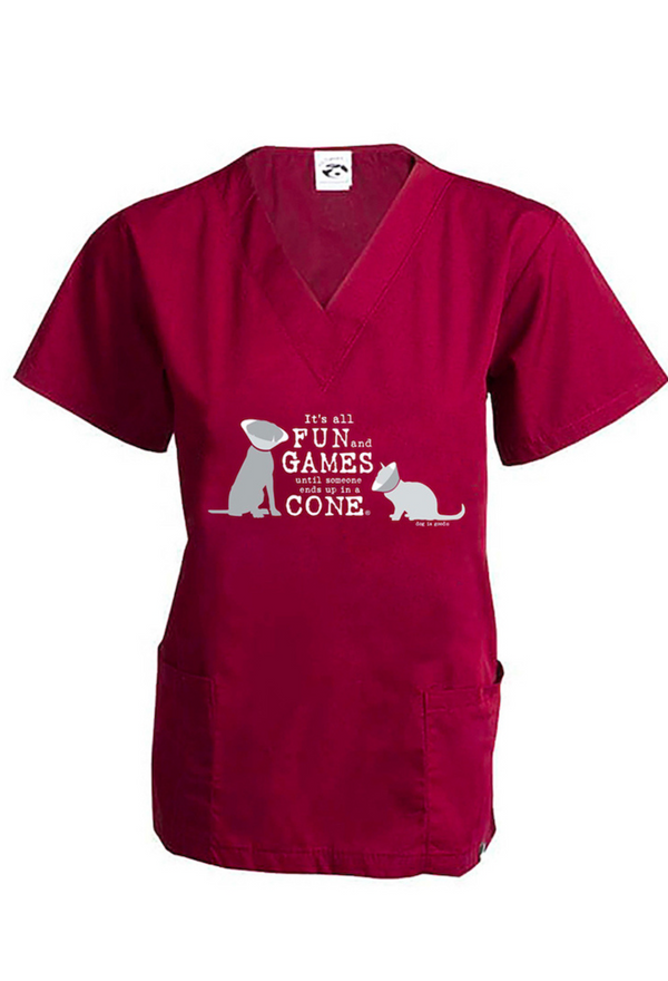 Dog is Good Scrub Top: It’s All Fun and Games Until Someone Ends Up in a Cone®,