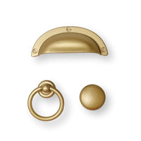 Capri Brushed Gold Cup Drawer Pull, Ring Pull or Round Cabinet Knob Euro • Knobs
