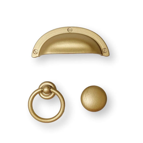 Capri Brushed Gold Cup Drawer Pull, Ring Pull or Round Cabinet Knob Euro • Knobs
