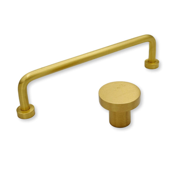 Brushed Brass "Lounge" Cabinet Knob and Wire Drawer Pulls Euro • Knobs