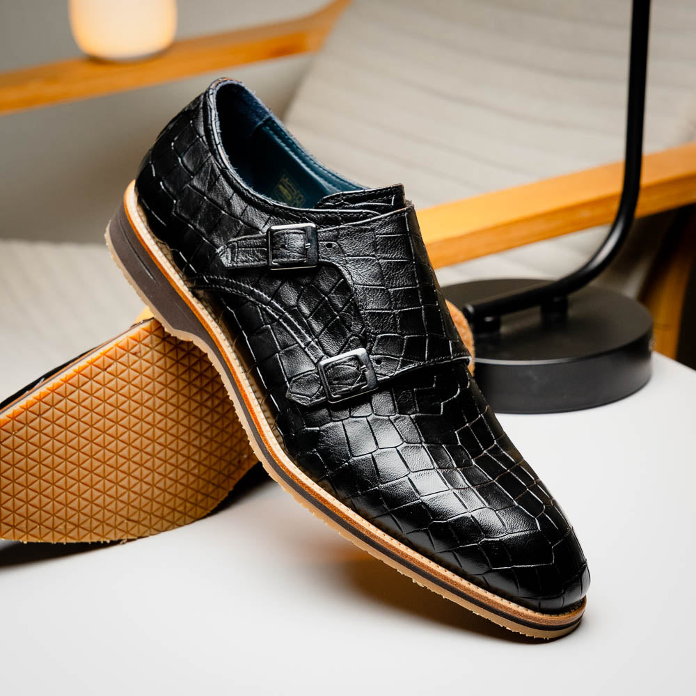 Zelli Italia 55-112-BLK LEGERRA Hand Burnished Crocodile Print Monkstrap Black