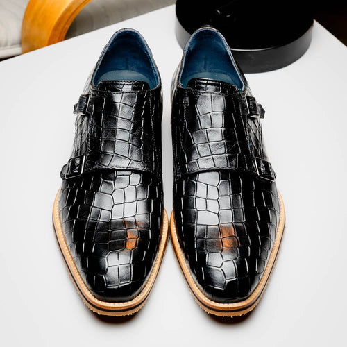 Zelli Italia 55-112-BLK LEGERRA Hand Burnished Crocodile Print Monkstrap Black