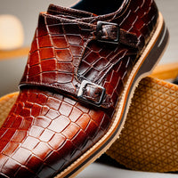 Zelli Italia 55-112-CGN LEGERRA Hand Burnished Crocodile Print Monkstrap Cognac