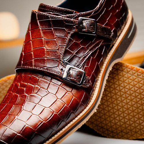 Zelli Italia 55-112-CGN LEGERRA Hand Burnished Crocodile Print Monkstrap Cognac