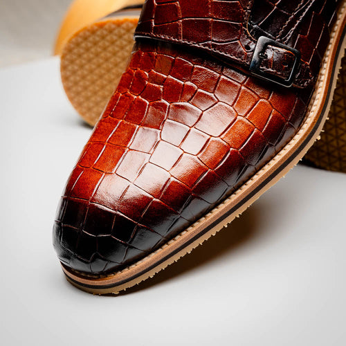Zelli Italia 55-112-CGN LEGERRA Hand Burnished Crocodile Print Monkstrap Cognac