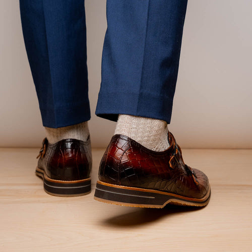 Zelli Italia 55-112-CGN LEGERRA Hand Burnished Crocodile Print Monkstrap Cognac