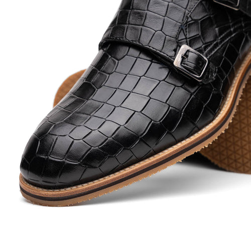 Zelli Italia 55-112-BLK LEGERRA Hand Burnished Crocodile Print Monkstrap Black