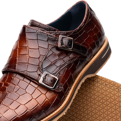 Zelli Italia 55-112-CGN LEGERRA Hand Burnished Crocodile Print Monkstrap Cognac