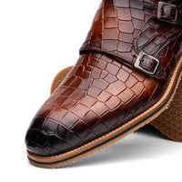 Zelli Italia 55-112-CGN LEGERRA Hand Burnished Crocodile Print Monkstrap Cognac