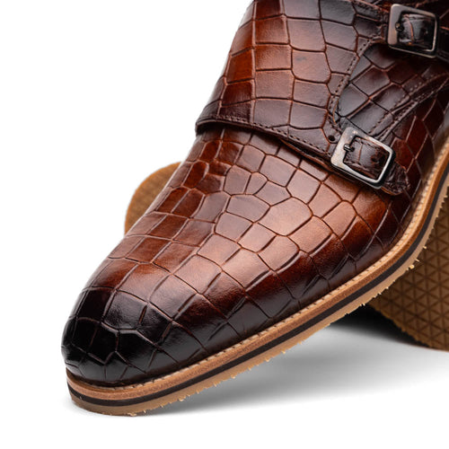 Zelli Italia 55-112-CGN LEGERRA Hand Burnished Crocodile Print Monkstrap Cognac
