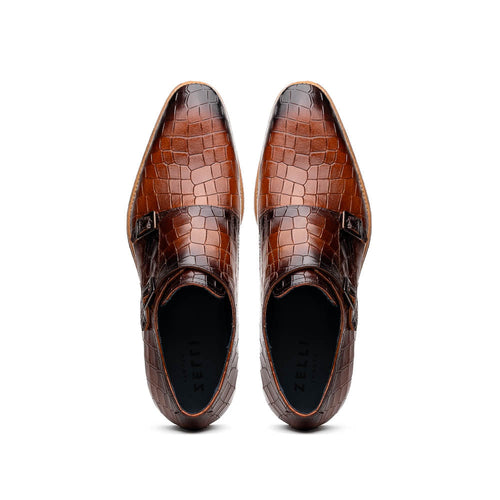 Zelli Italia 55-112-CGN LEGERRA Hand Burnished Crocodile Print Monkstrap Cognac