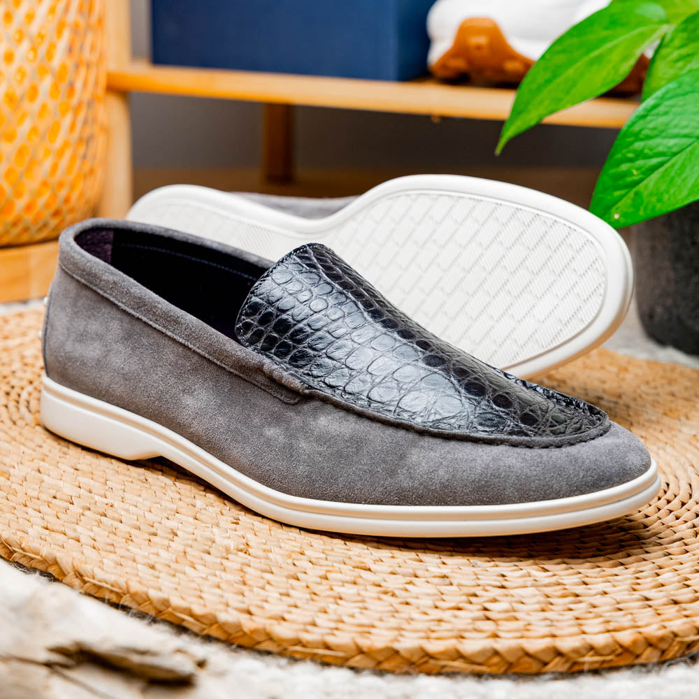 Zelli Italia 11-603-GRY BENE Sueded Italian Goatskin & Crocodile Loafer Grey